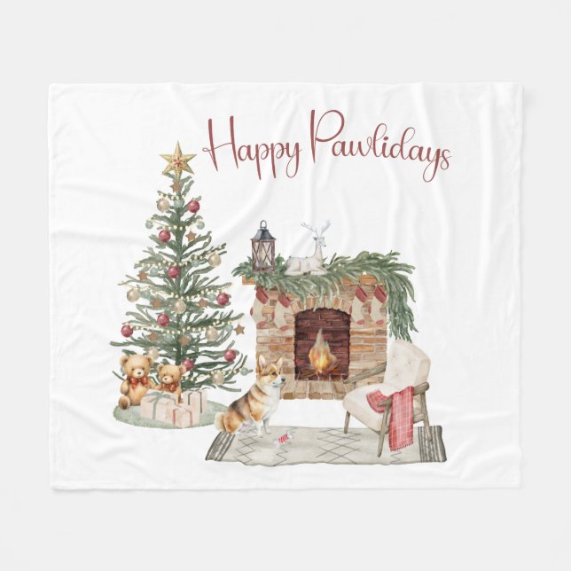 Couverture Polaire Joyeuses Fêtes Patte Corgi Design (Devant (Horizontal))