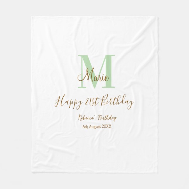 Couverture Polaire Joyeux 21e Anniversaire vert ajouter nom monogramm (Devant)