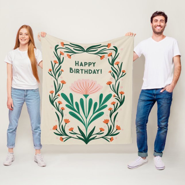 Couverture Polaire Joyeux Anniversaire cadre floral élégant (En situation)