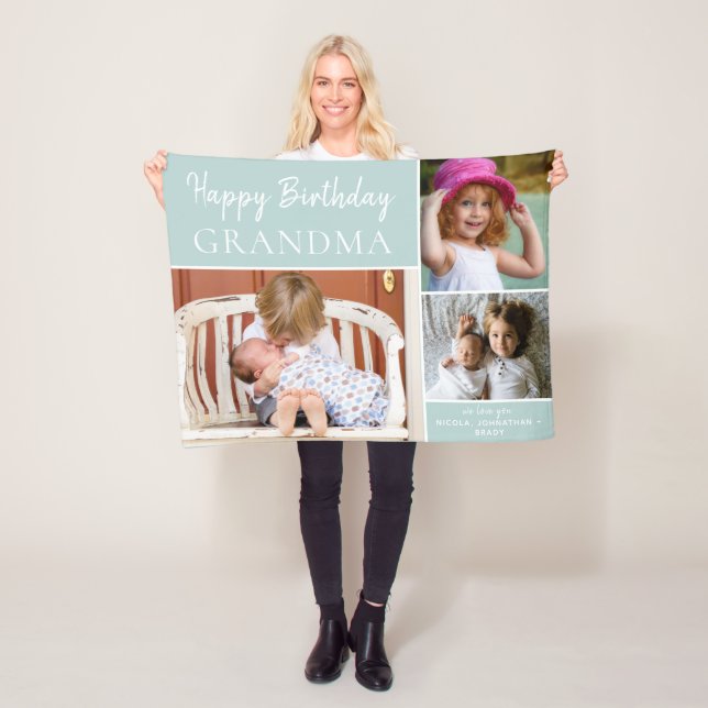 Couverture Polaire Joyeux anniversaire grand-mère photo collage Aqua (En situation)
