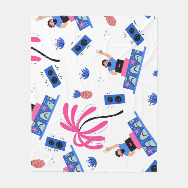 Couverture Polaire Joyeux DJ, motif de plage tropical. (Devant)