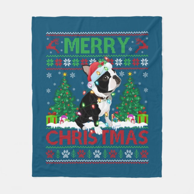 Couverture Polaire Joyeux éclairage de Noël laide Boston Terrier Chri (Devant)