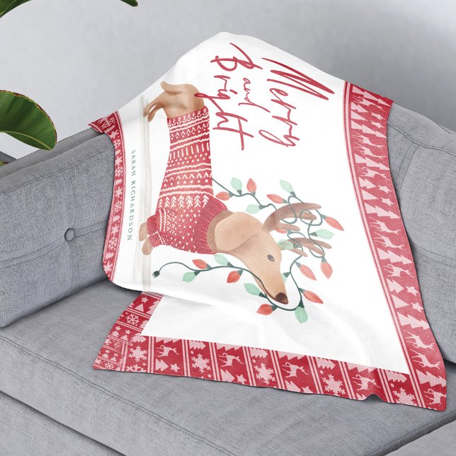 Couverture Polaire Joyeux et lumineux | Chandail de Noël Dachshund Do (Merry & Bright | Dachshund Dog Christmas Sweater Fleece Blanket)