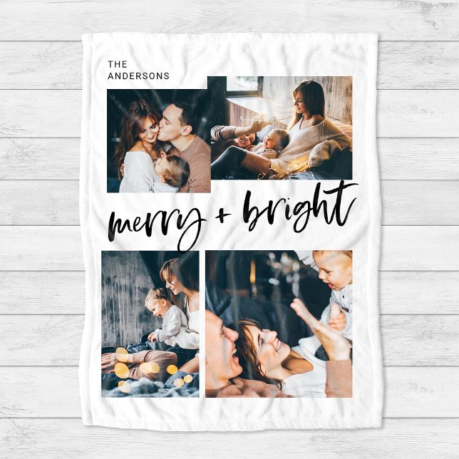 Couverture Polaire Joyeux et lumineux | Multi Photo Grid Christmas (A modern, black and white holiday blanket with trendy casual script and four family phtoos)