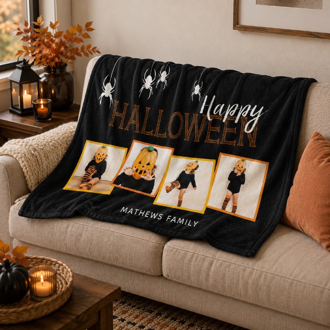 Couverture Polaire Joyeux Halloween Collage de Photos Personnalisé Ar (Snuggle up for spooky season with this Happy Halloween custom photo collage spiders black design.)