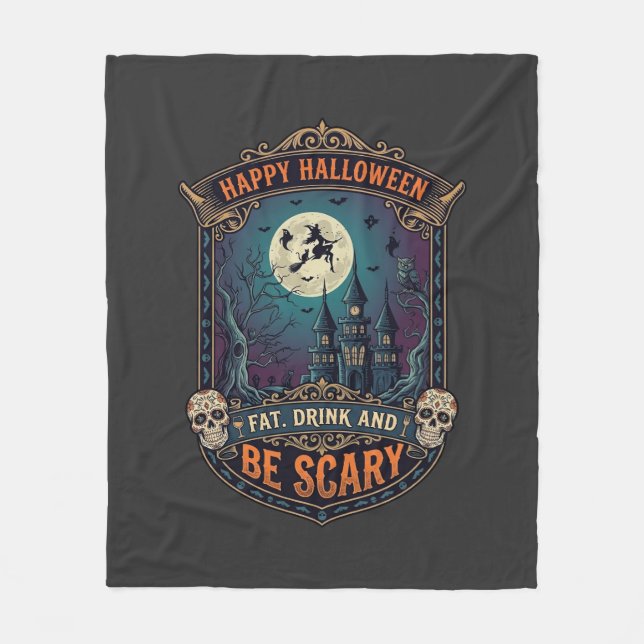 Couverture Polaire Joyeux Halloween Sorcière Château Crânes Gras Boir (Devant)