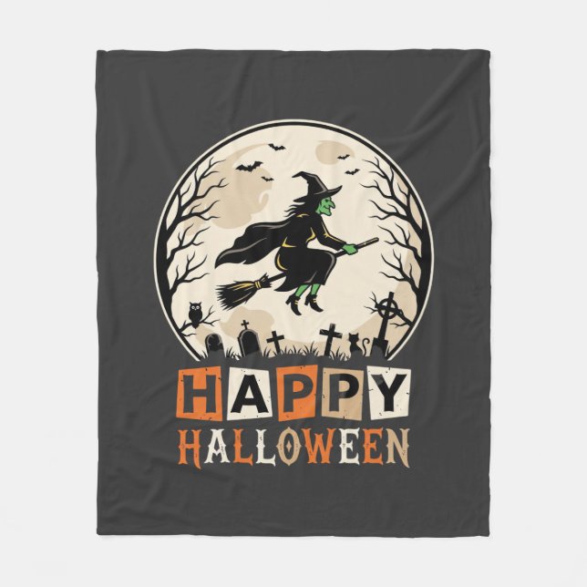 Couverture Polaire Joyeux Halloween Sorcière Lune Cimetière Conceptio (Devant)