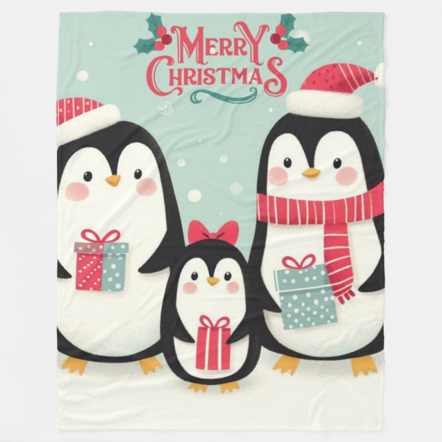 Couverture Polaire Joyeux manchots enneigés de Noël (Devant)