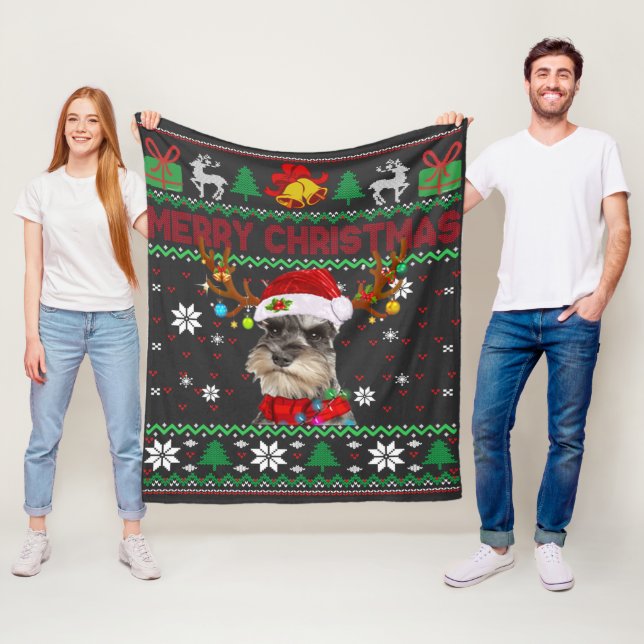 Couverture Polaire Joyeux Noël Chien moche Schnauzer Santa Hat (En situation)