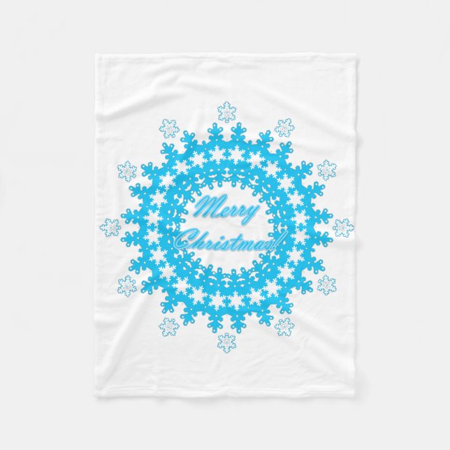Couverture Polaire Joyeux Noël rond flocon de neige hiver blanc bleu (Devant)
