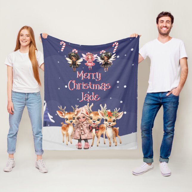 Couverture Polaire Joyeux rennes de Noël Peppermenthe Fairy avec nom (En situation)