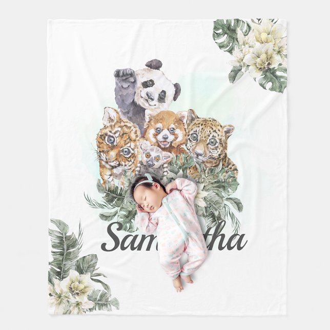 Couverture Polaire Jungle Cute Animaux Monogramme Verdure tropicale (Créateur téléchargé)