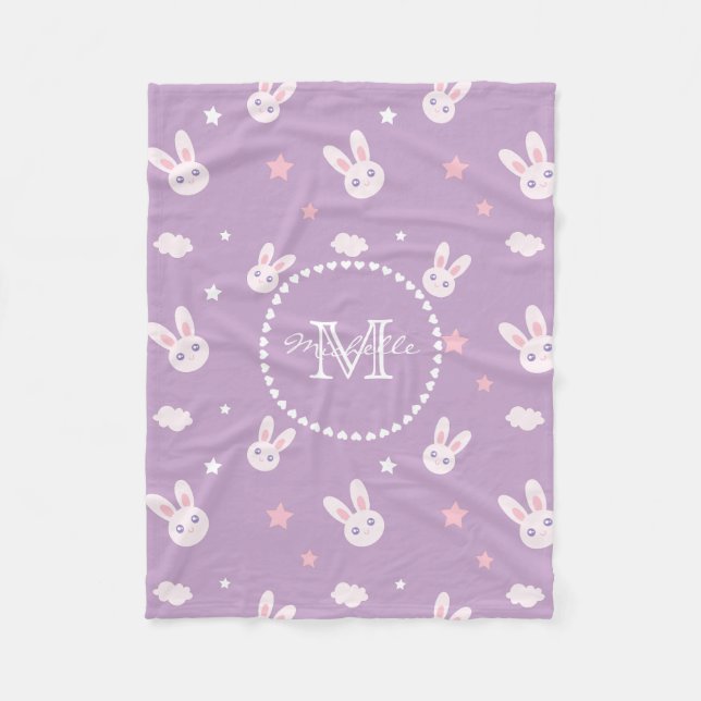 Couverture Polaire Kawaii Bunny Rabbit Pastel Purple Motif Monogramme (Devant)