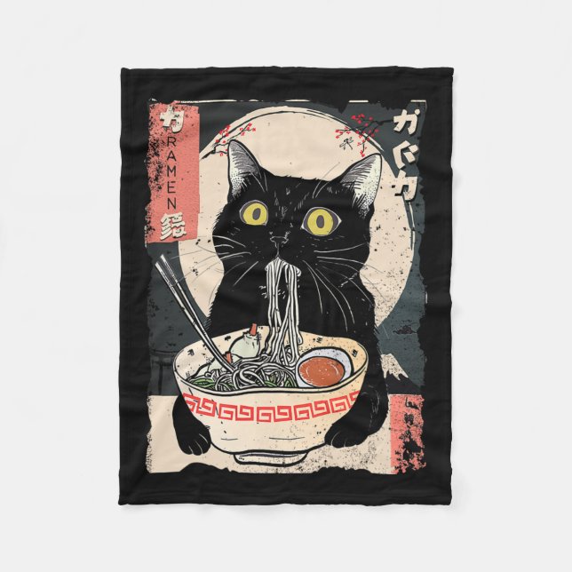 Couverture Polaire Kawaii Chat Manger Ramen nouilles Amusant Anime Ca (Devant)