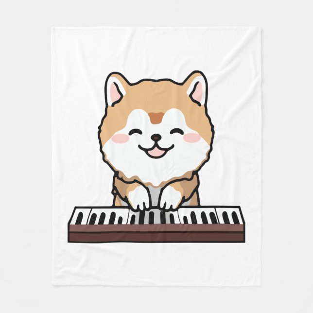Couverture Polaire Kawaii Chien mignon Jouer Piano Clavier (Devant)