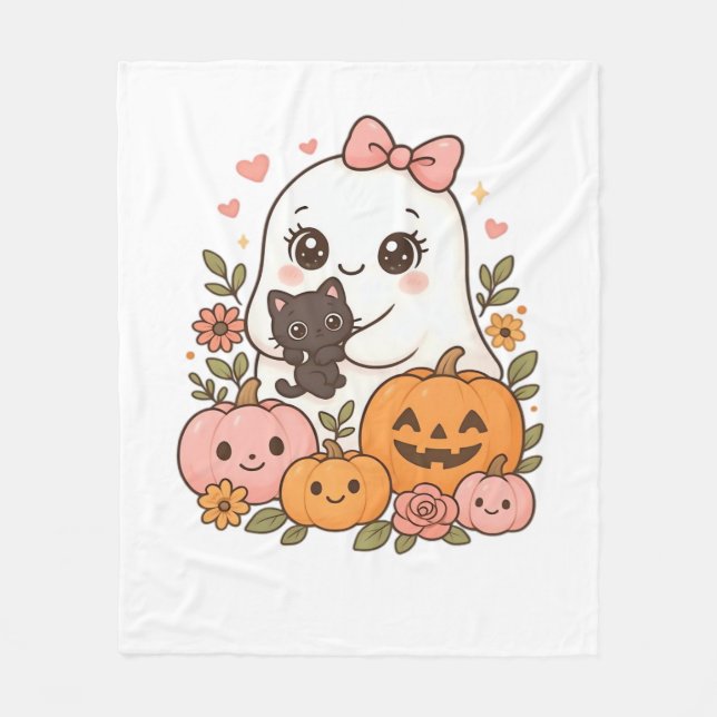 Couverture Polaire Kawaii Ghost Halloween Chat noir Citrouille Chat c (Devant)