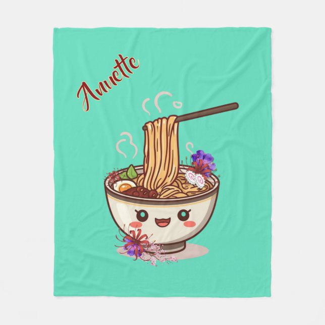 Couverture Polaire Kawaii Teal Ramen Food Bowl with Japanese Flowers  (Devant)