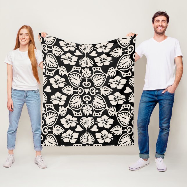 Couverture Polaire Keoni Hawaiian Monstera Feuille Damas noir (En situation)