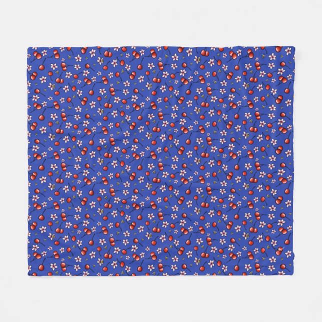 Couverture Polaire KiniArt Cerises Fleur de cerisier Blanche en polai (Devant (Horizontal))