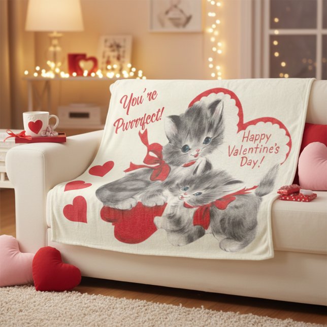 Couverture Polaire La Saint-Valentin des chatons parfait de milieu de (Mid Century You're Purrrfect Valentine Day Kittens Fleece Blanket)