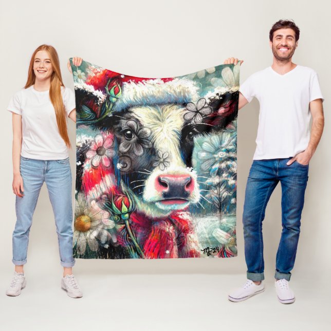 Couverture Polaire La vache rêve de temps plus chauds Turquoise Rouge (En situation)