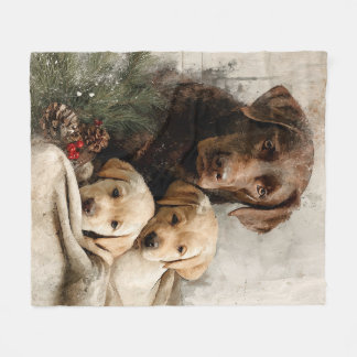 Couverture Polaire Labrador et chiots Noël vintage