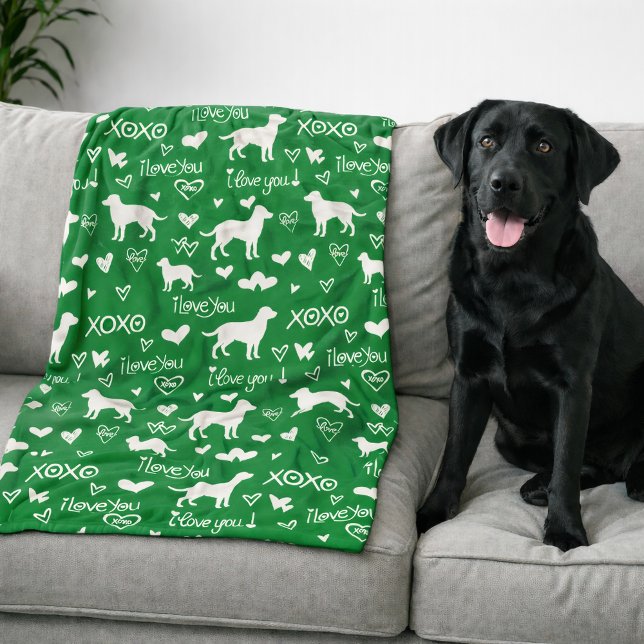 Couverture Polaire Labrador Retriever Blanket with Heart Doodles  (Green blanket - Lab Retriever )