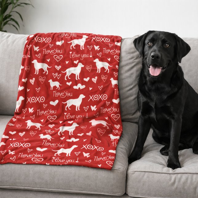 Couverture Polaire Labrador Retriever Blanket with Heart Doodles  (Black lab dog blanket -red, blue, orange or other colors)