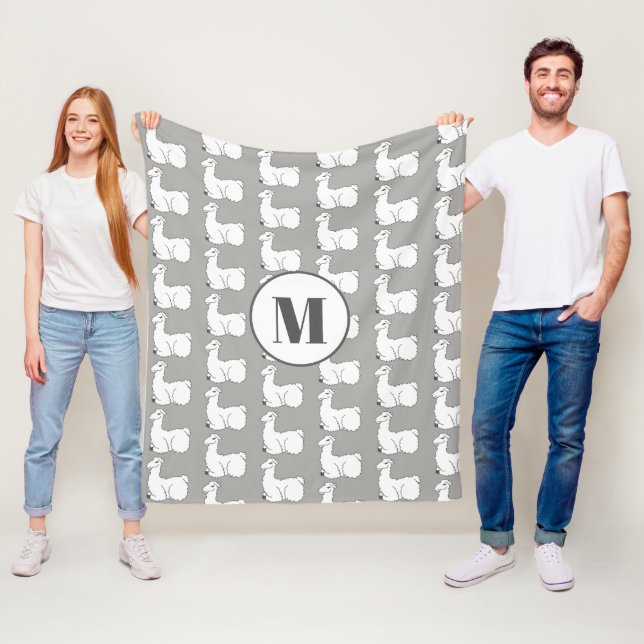 Couverture Polaire Lamas et monogramme somnolents du gris | (En situation)