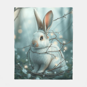 Couverture Polaire Lapin bleu pastel avec brindilles et fleurs