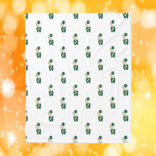 Couverture Polaire Lapin de la fanfare avec trombone vert or (A fleece blanket with a pattern of white rabbits with trombones.)