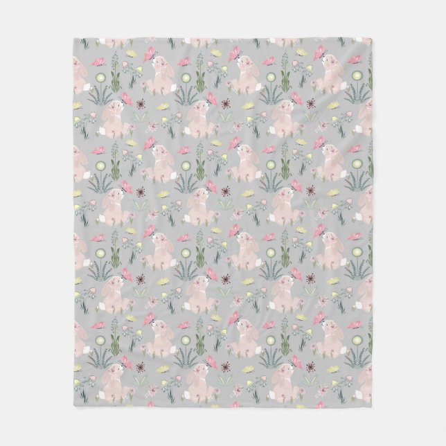 Couverture Polaire lapin mignon avec fleurs et papillons (Devant)