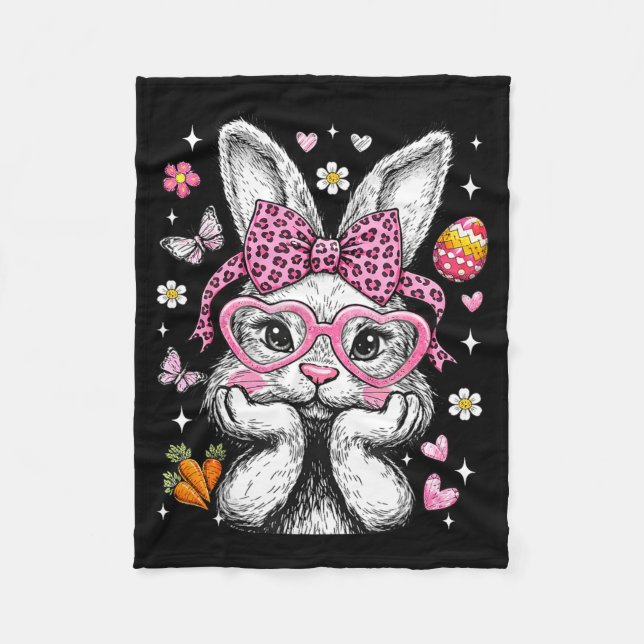 Couverture Polaire Lapin mignon visage léopard coquette noeud papillo (Devant)