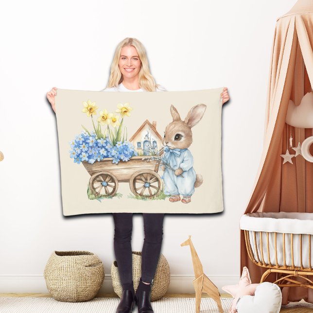 Couverture Polaire Lapin personnalisé avec fleurs bleues (Créateur téléchargé)