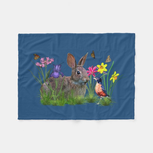 Couverture Polaire Lapin, Robin, et fleurs, personnalisables (Devant (Horizontal))