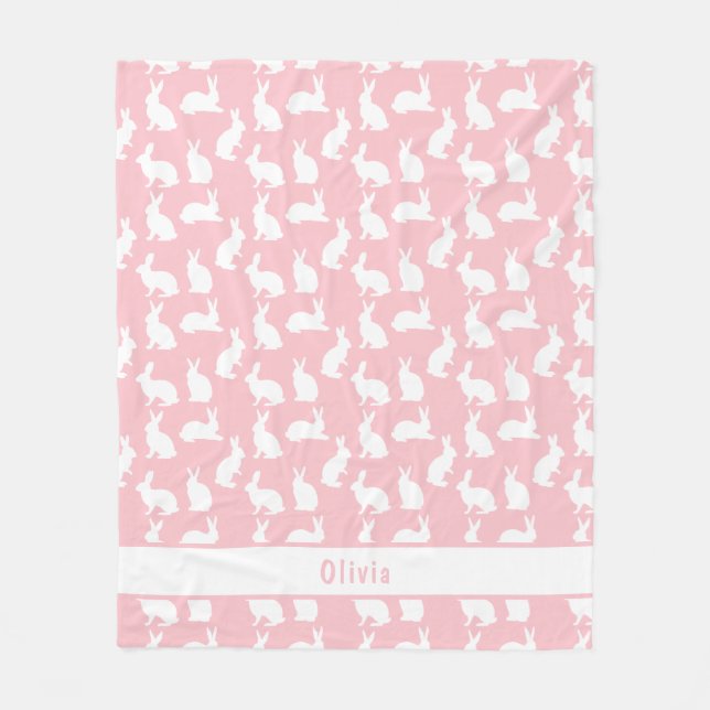 Couverture Polaire Lapin rose et blanc avec nom (Devant)