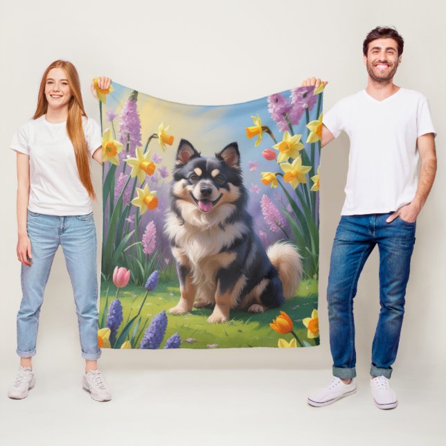 Couverture Polaire Lapphund Finlandais Fleurs de printemps de chien P (En situation)