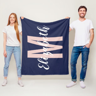 Couverture Polaire Le bleu marine simple rougissent monogramme rose