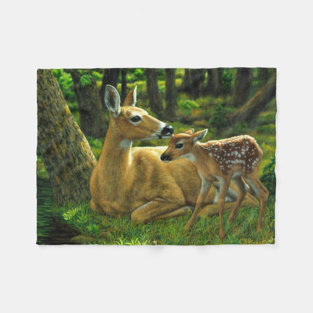 Couverture Polaire Le printemps blanc Fawn et la mère Deer (Devant (Horizontal))