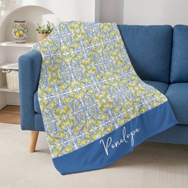 Couverture Polaire Lemon Citrus Blue Mediterranean Tile Pattern (Lemon Citrus Blue Mediterranean Tile Pattern Fleece Blanket)