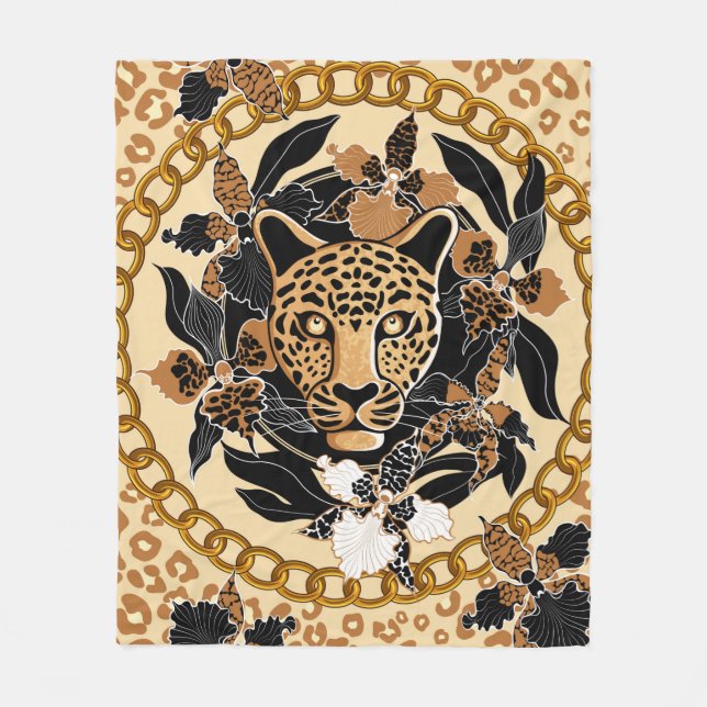 Couverture Polaire leopard's head surrounded by orchids, gold chain a (Devant)