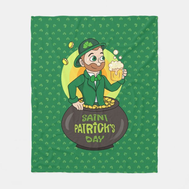 Couverture Polaire Leprechaun de dessin dans une casserole d'or tenan (Devant)