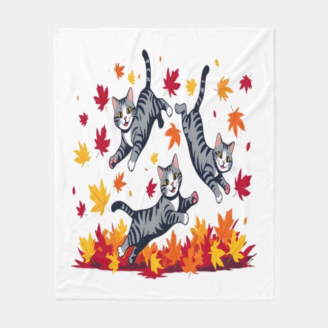 Couverture Polaire Les chats jouent dans les feuilles d'automne (Devant)