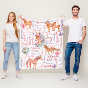 Couverture Polaire Les filles personnalisées nom collage avec poneys