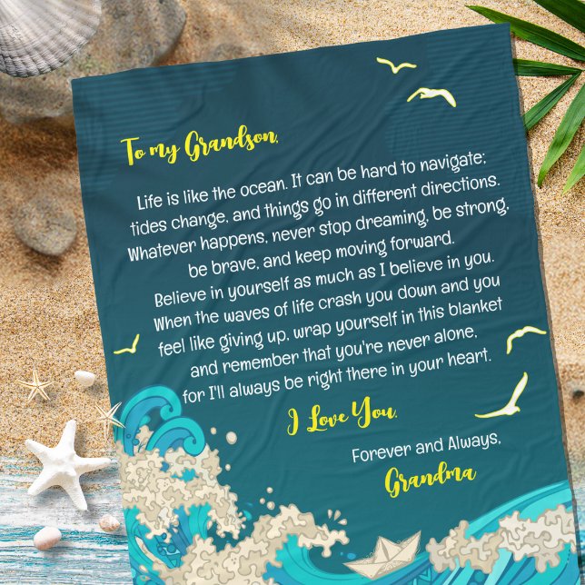 Couverture Polaire Lettre à mon fils ou petit-fils Mer marine (Nautical Ocean Beach Theme Fleece Blanket Gift for Son or Grandson Paper Boat Sea and Birds in Blue )