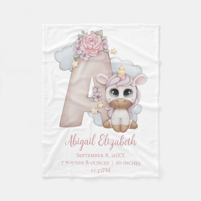 Couverture Polaire Lettre A Monogramme Licorne Rose Cadeau Bébé Fille (Devant)