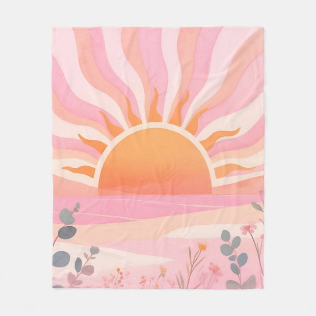 Couverture Polaire Lever de soleil pastel bohème prairie (Devant)