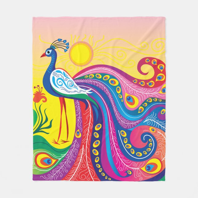 Couverture Polaire Lever du soleil avec paon (Devant)