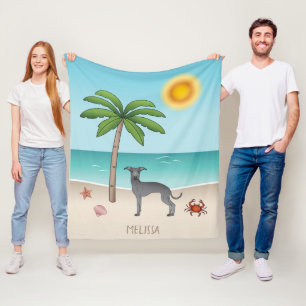 Couverture Polaire Lévrier Italien Bleu à la Plage Tropicale d'Été
