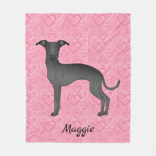 Couverture Polaire Lévrier Italien Noir Chien Mignon Sur Coeurs Roses